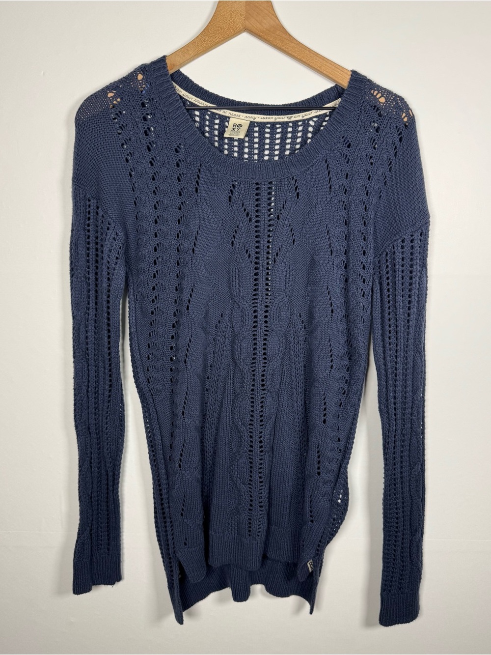 ROXY Open Knit Navy Scoop Neck Tunic Sweater Sz XL